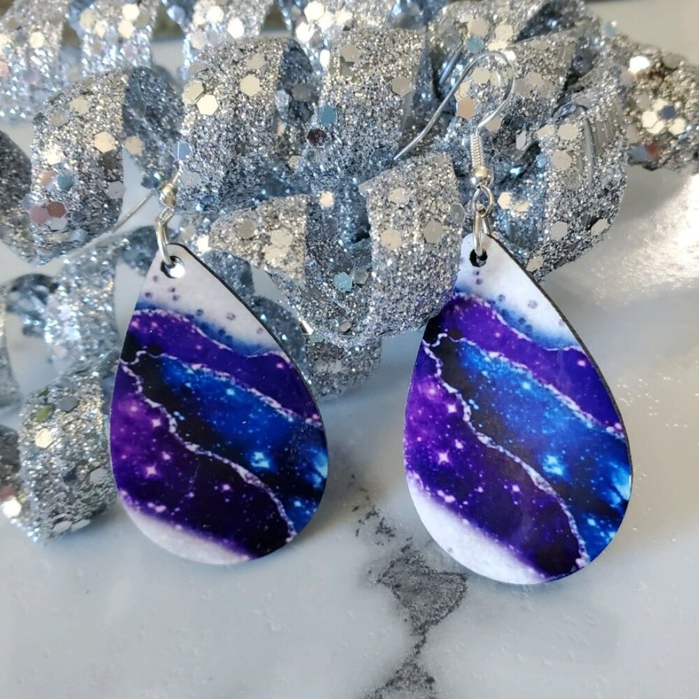 Purple & Blue Marble Pattern  Teardrop Earrings